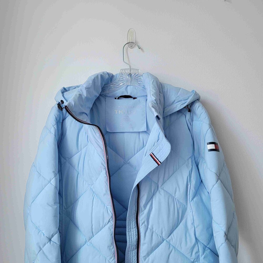 TOMMY HILFIGER Light Blue Quilted Puffer Hooded Jacket Womens Large - Picture 4 of 13